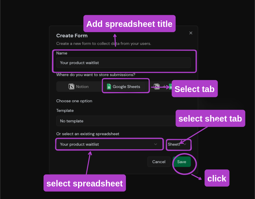 Screenshot of the Creating form and linking a Google Sheet