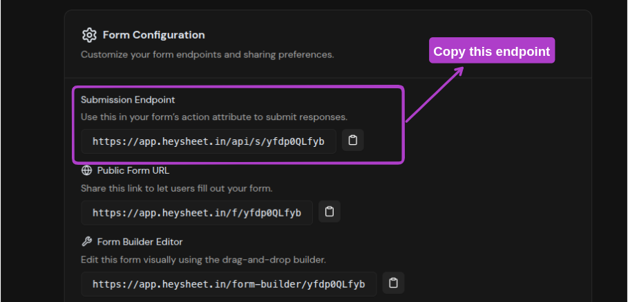 Screenshot showing the form endpoint on HeySheet dashboard