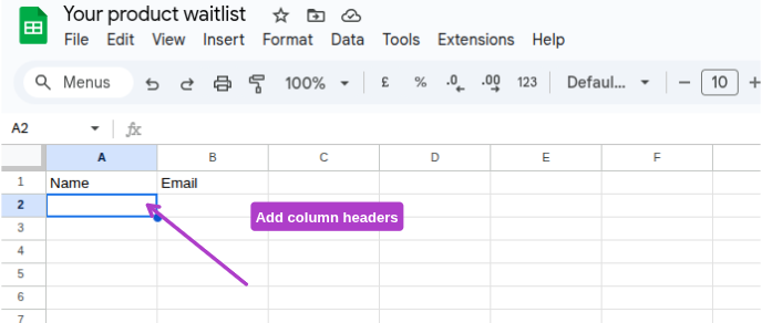 Screenshot of the Google Sheet with headers